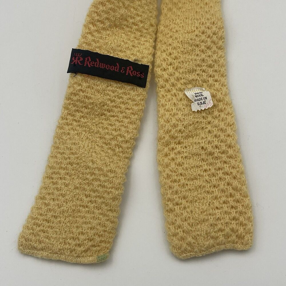 Redwood & Ross Necktie Vintage Yellow Knit Tie Square Tip 100% Wool Made In USA